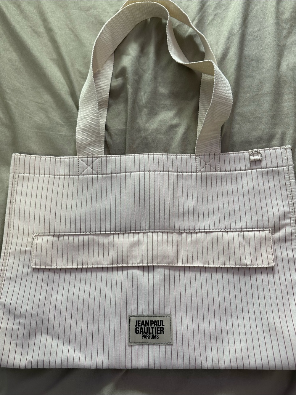 Jean Paul Gaultier White Tote Bag with Thin Pinstripes